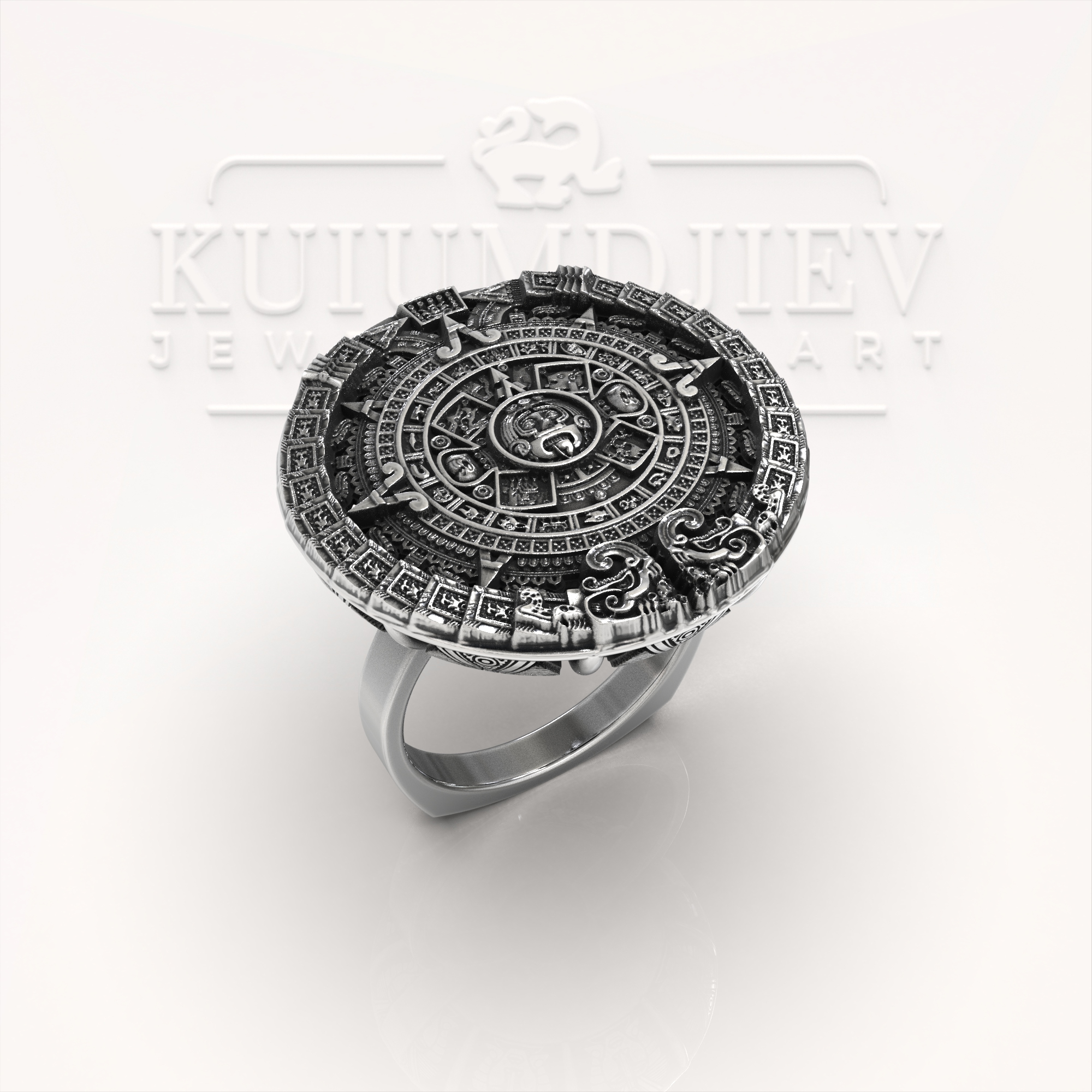 Сребърен пръстен с календарa на ацтеките | Kuiumdjiev Jewellery Art | Бижутерия Куюмджиев 1925 Сребърен пръстен с календарa на ацтеките