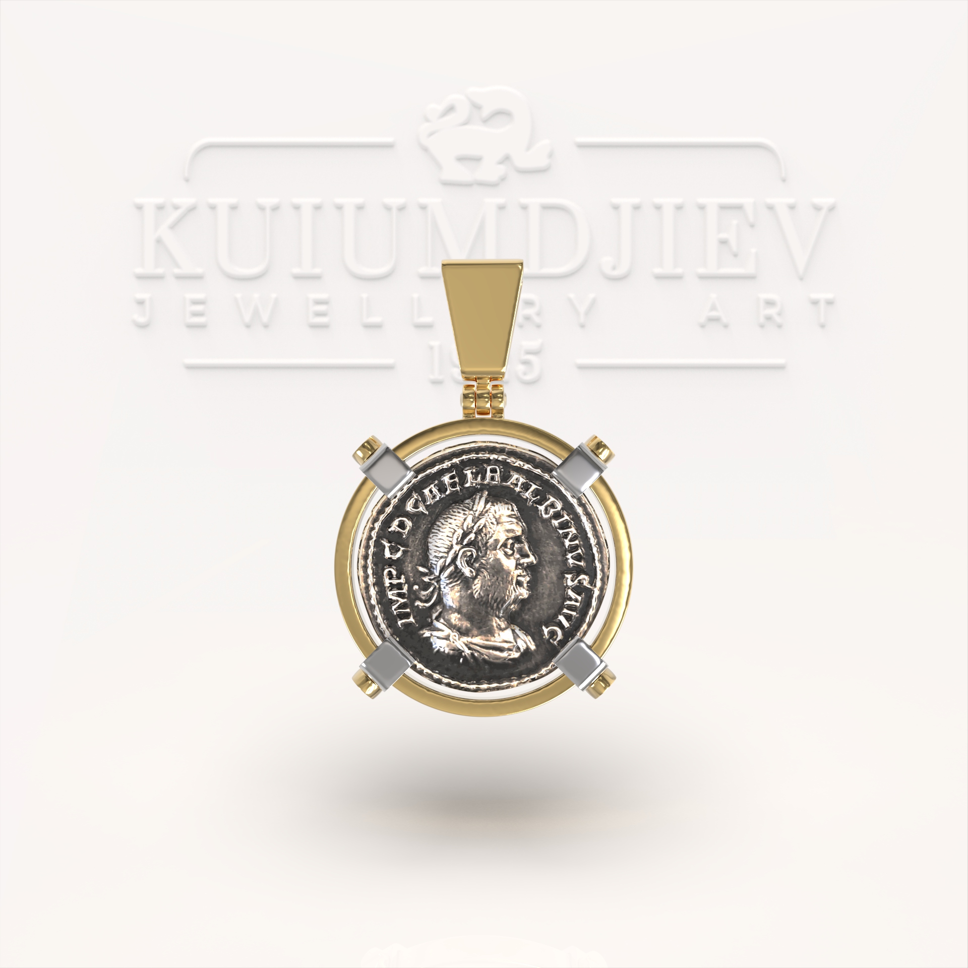 Медальон със сребърна монета-реплика и златен обков