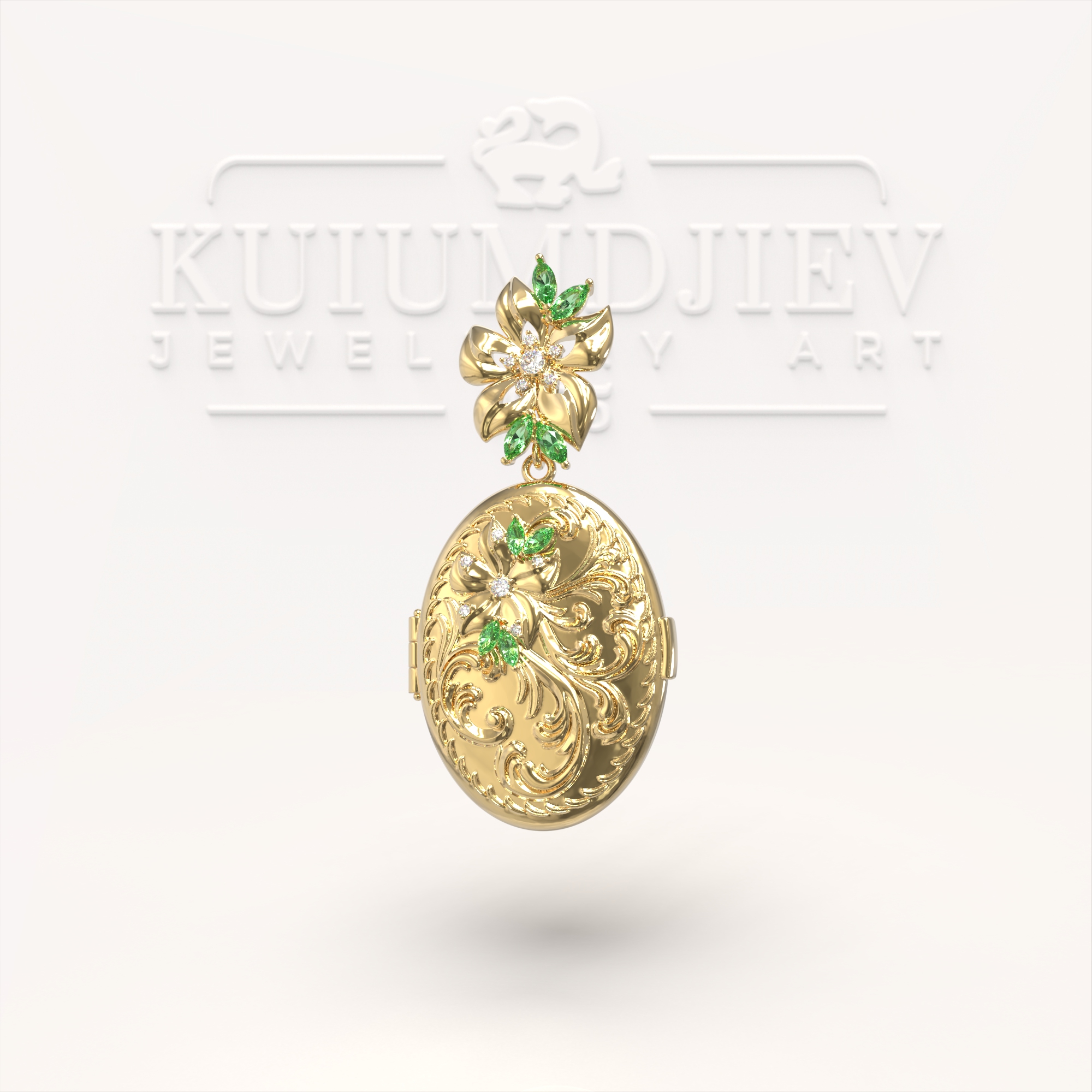 Отварящ се златен медальон за снимка с флорален дизайн | Kuiumdjiev Jewellery Art | Бижутерия Куюмджиев 1925 Отварящ се златен медальон за снимка с флорален дизайн