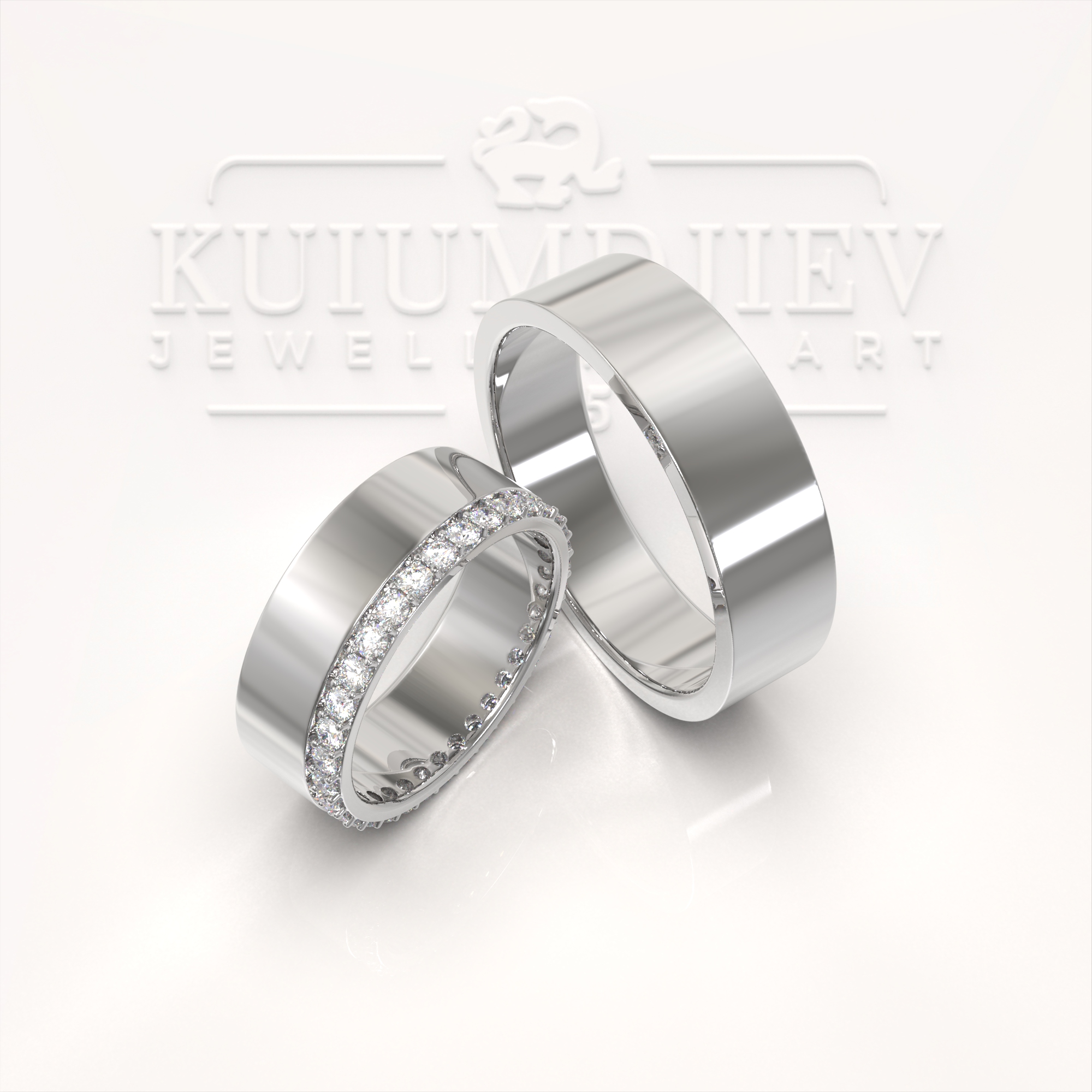 Wedding rings with flat profile and a row of stones in sterling silver